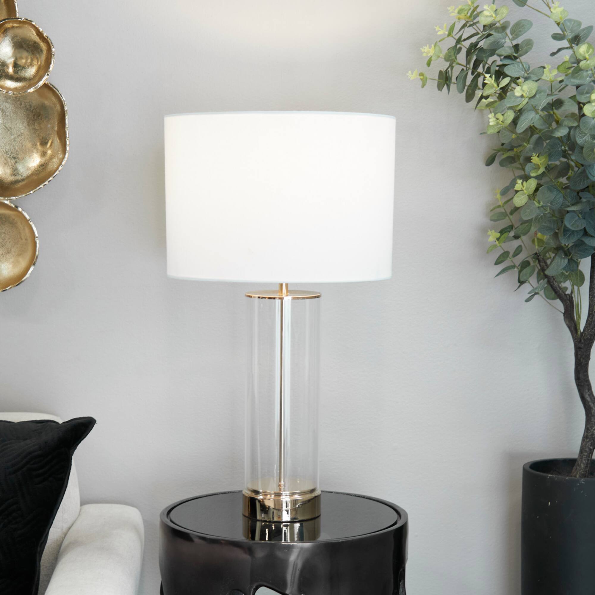 CosmoLiving by Cosmopolitan Gold Tempered Glass Transparent Base Table Lamp with Drum Shade 14" x 14" x 25"